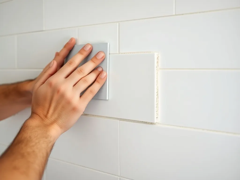 Ręce glazurnika układają płytkę 30x60 na ścianie łazienki z użyciem krzyżyków i kleju, równe fugi w tle.