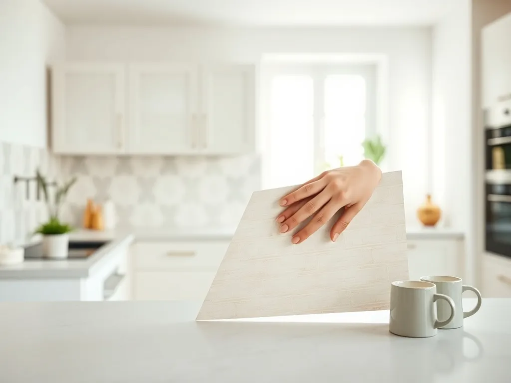 Ręka przykleja dużą jasną panelową naklejkę na stare płytki w jasnej, nowoczesnej kuchni, ukazując szybkie odświeżenie wnętrza.