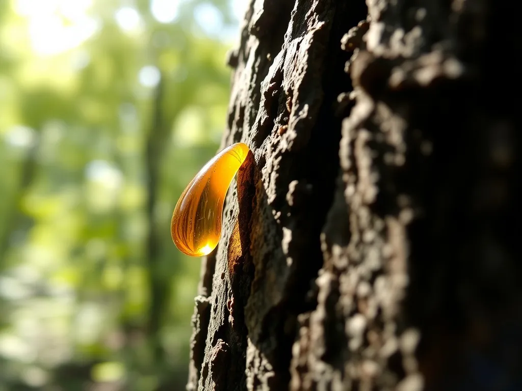 Kropla bursztynowej żywicy na korze drzewa w słonecznym lesie, ilustrująca naturalne wydzieliny drzew.