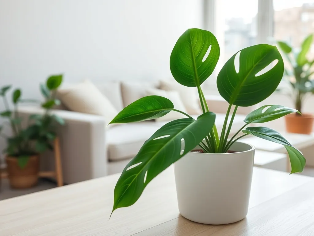 Zielona monstera w białej doniczce w jasnym, minimalistycznym salonie, ilustrująca spokojną, domową atmosferę.