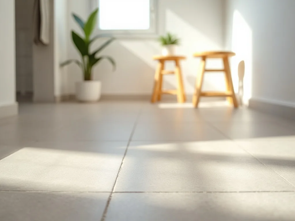 Szare płytki podłogowe z ciepłą, jasnobeżową fugą w nowoczesnej, jasno oświetlonej łazience o minimalistycznym wystroju.