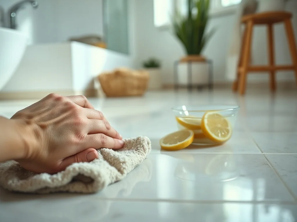 Czyszczenie odbarwionych, jasnych płytek domowym roztworem z cytryną i sodą w jasnej, nowoczesnej łazience