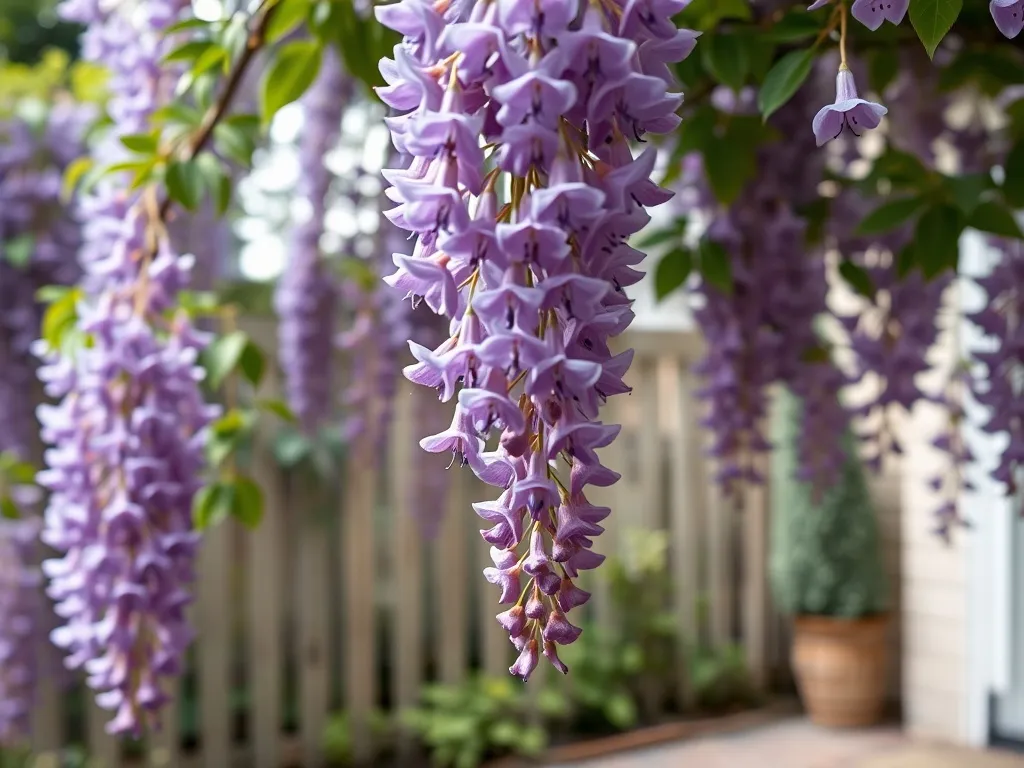 Kwitnąca wisteria w przydomowym ogrodzie, ilustrująca roślinę opisywaną jako potencjalnie trującą i wymagającą ostrożności.