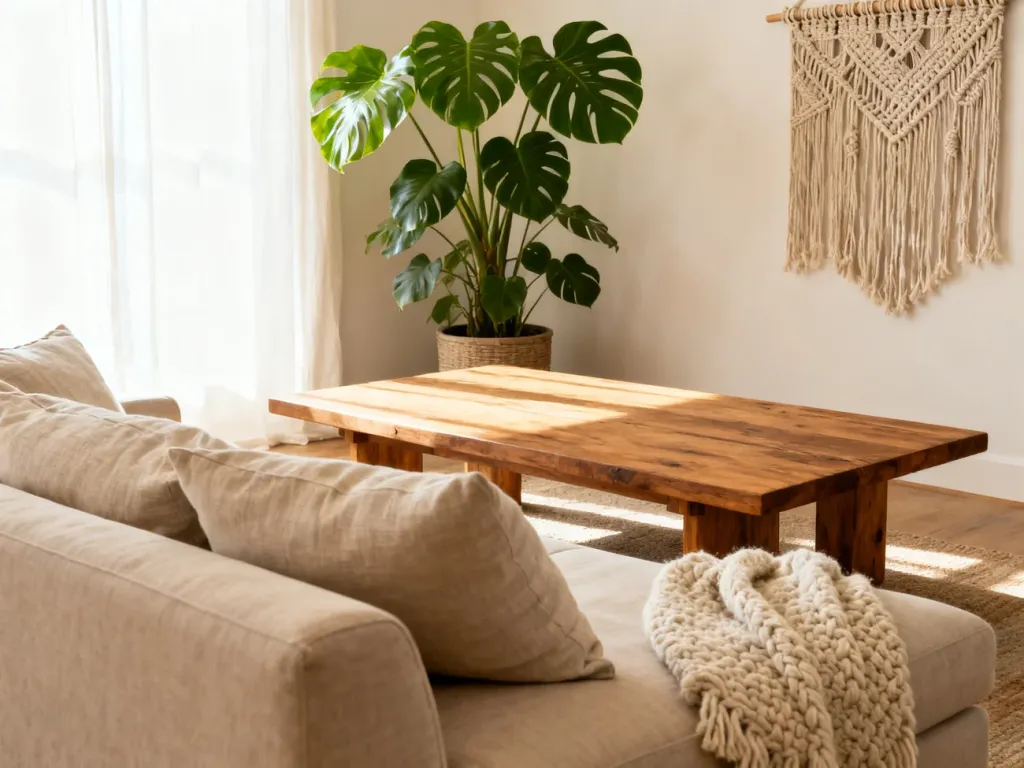 Przytulny salon w stylu scandi boho z jasną sofą, drewnianym stolikiem i roślinnością, skąpany w naturalnym świetle.