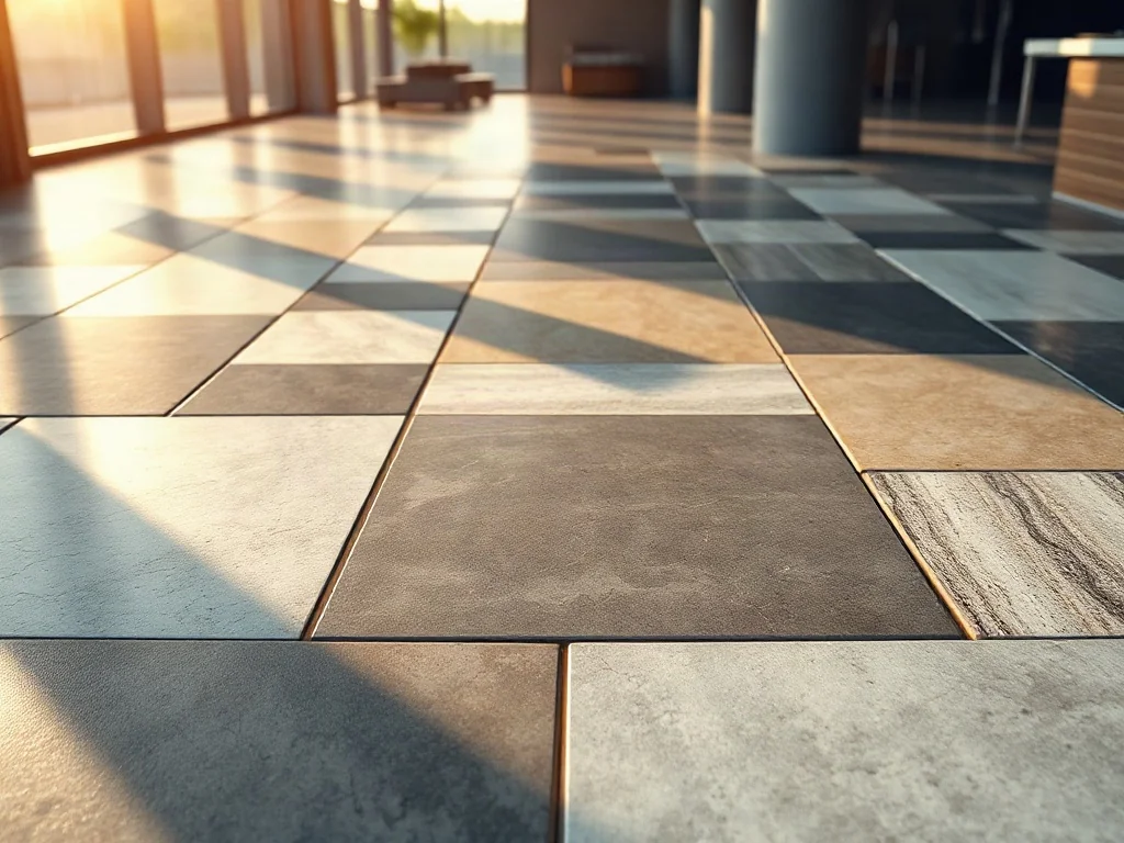 Różnorodne próbki płytek ceramicznych o fakturze kamienia, betonu i granitu, ułożone w nowoczesnym salonie sprzedaży.