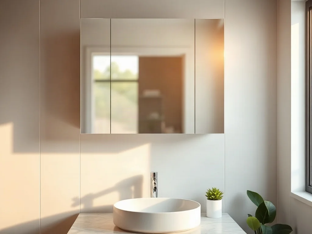 Nowoczesna szafka lustrzana nad minimalistyczną umywalką w jasnej, eleganckiej łazience z marmurowymi akcentami.
