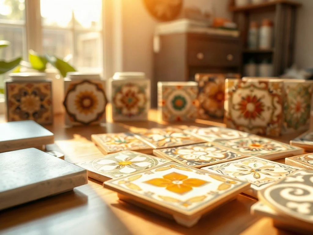 Różnorodne płytki ceramiczne z geometrycznymi i kwiatowymi wzorami ułożone na drewnianym stole w pracowni projektowej.