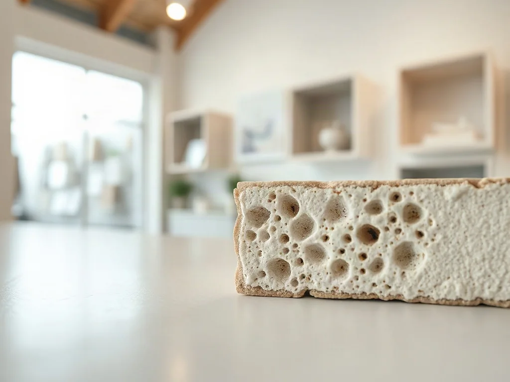 Zbliżenie na przekrój płytki ceramicznej ukazujące jej porowatą strukturę, istotną przy ocenie nasiąkliwości materiału.