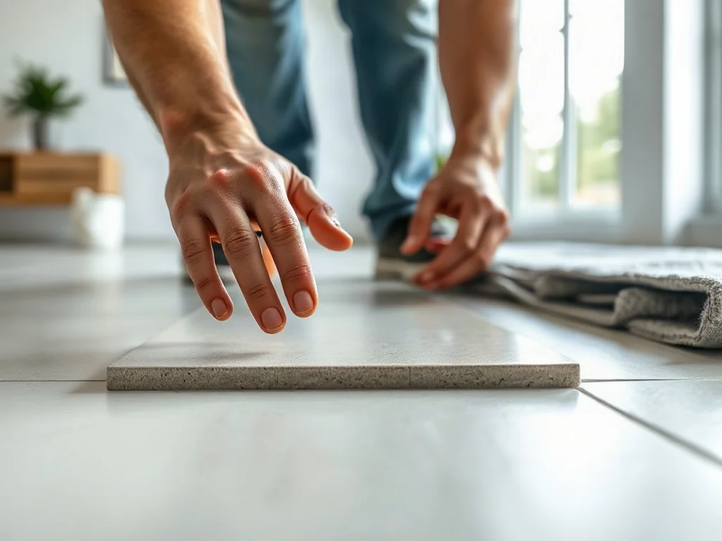 Dłonie glazurnika układające płytkę ceramiczną na środku podłogi z widoczną warstwą kleju.