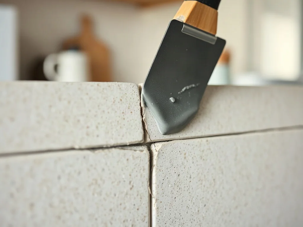 Profesjonalne nakładanie nowej, szarej fugi metalową szpachelką w szczelinę między płytkami ceramicznymi.