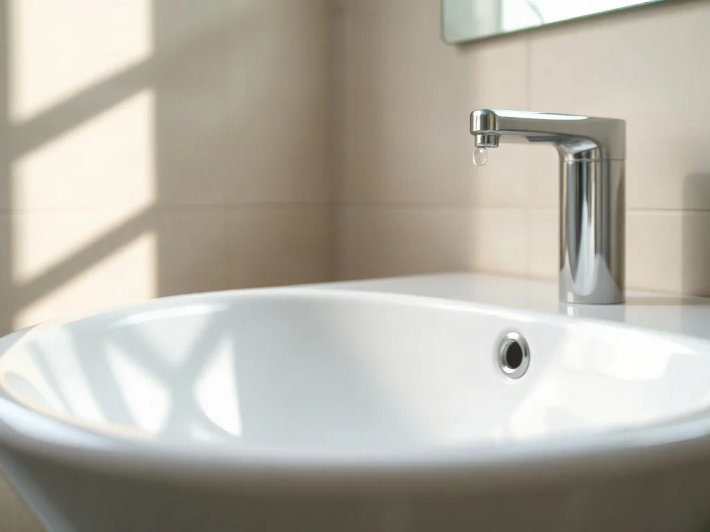 Lśniąca, biała umywalka ceramiczna z kroplami wody w nowoczesnej łazience, podkreślająca czystość i jakość materiału.