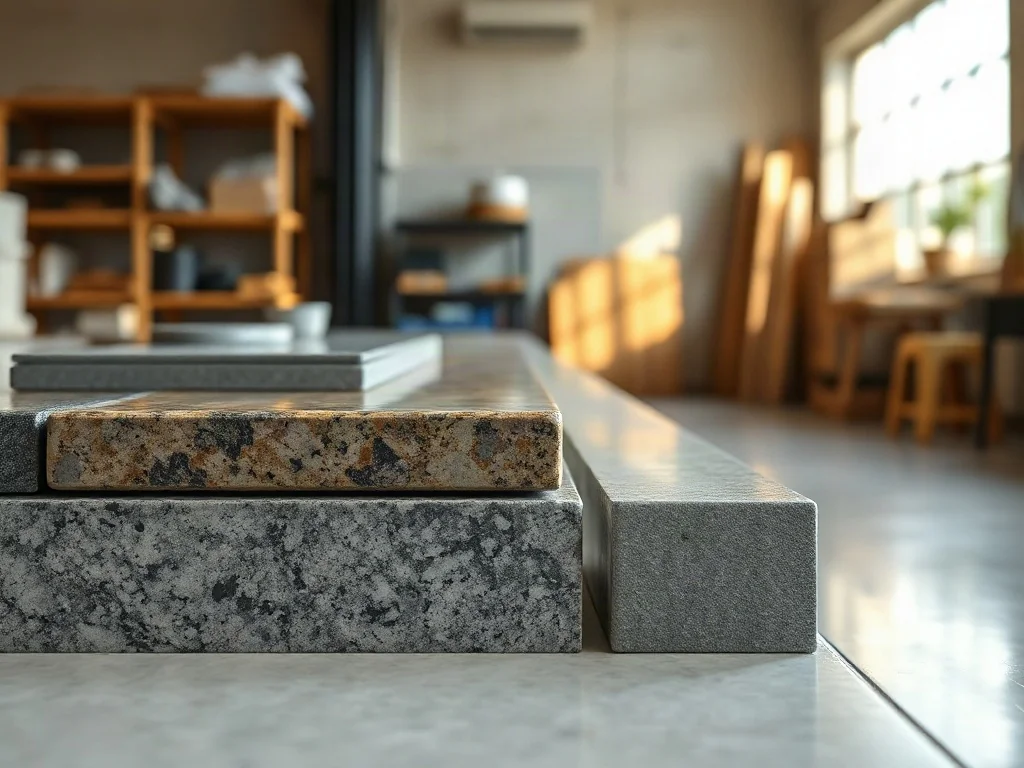 Próbki trwałych materiałów wykończeniowych, takich jak polerowany granit, szczotkowany metal i kompozyt kamienny.