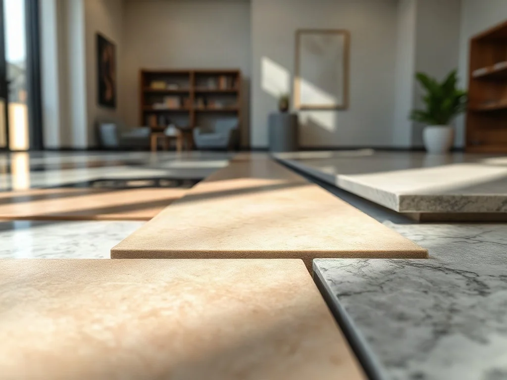 Zbliżenie na różnorodne płytki ceramiczne o matowych i błyszczących wykończeniach w nowoczesnym salonie wnętrzarskim.