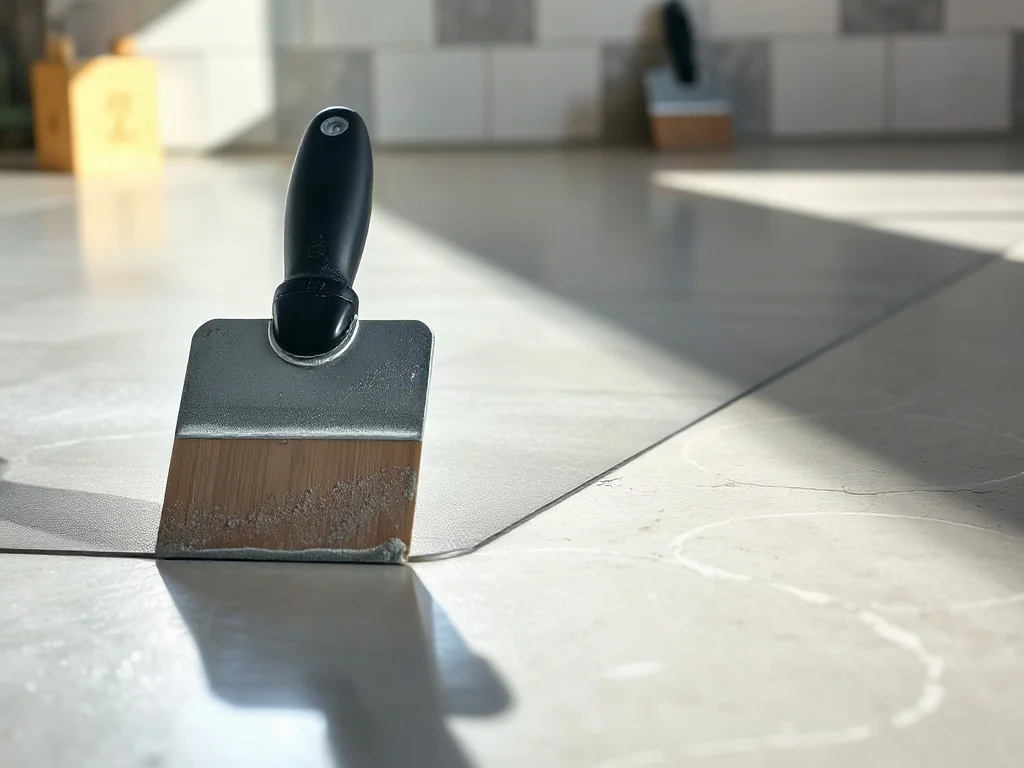 Profesjonalna kielnia nakładająca szarą masę hydroizolacyjną na betonowe podłoże przed układaniem płytek ceramicznych.