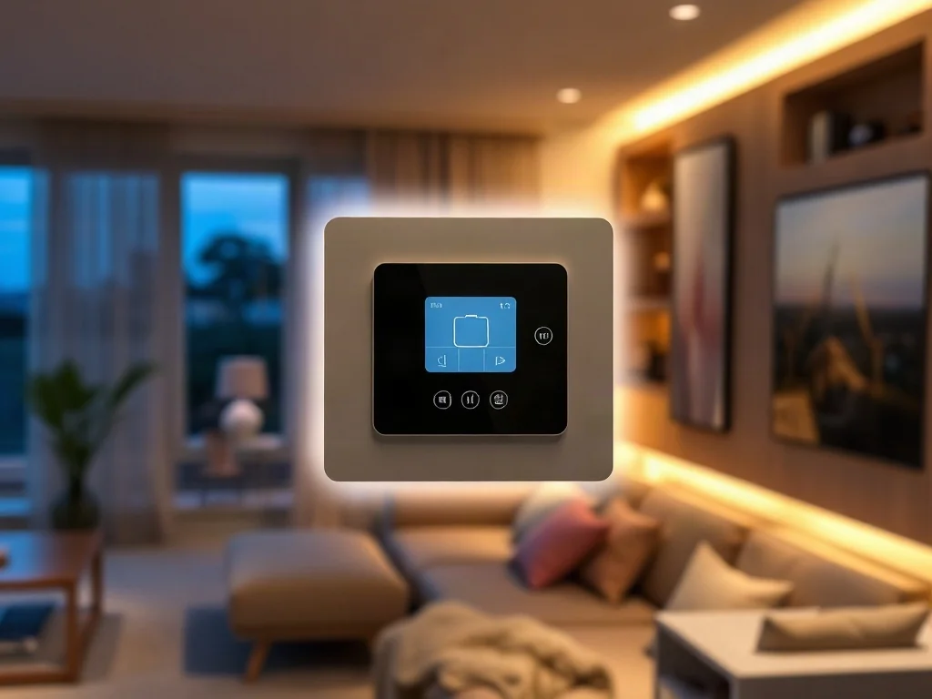 Nowoczesny panel sterowania oświetleniem smart home zamontowany na ścianie w przytulnym, minimalistycznym salonie.