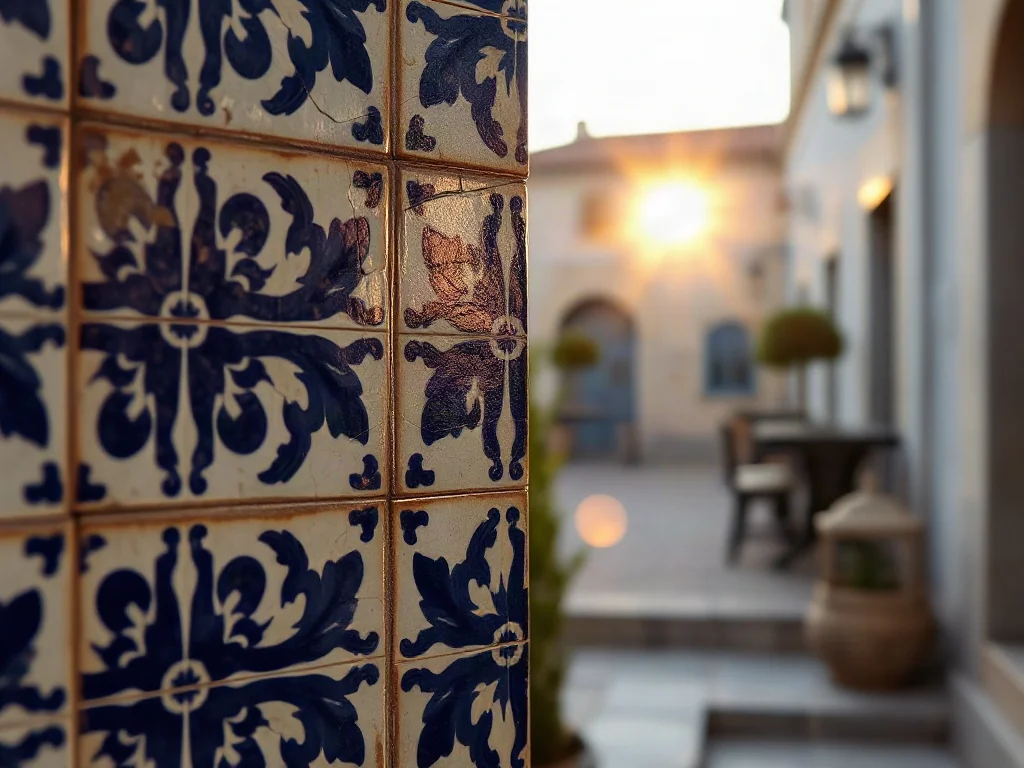 Zbliżenie na tradycyjne, lekko spękane portugalskie płytki azulejos z niebiesko-białym wzorem w słonecznym patio.