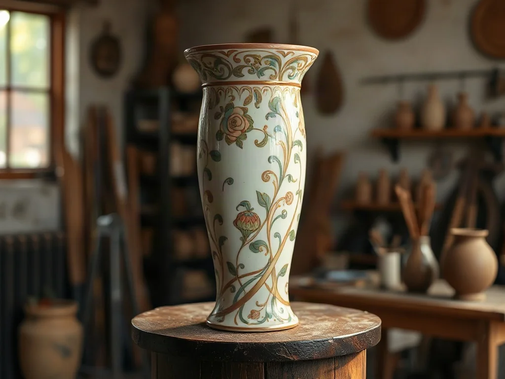 Ceramiczny wazon w stylu secesyjnym z roślinnymi motywami i złotymi zdobieniami, wyeksponowany na drewnianym postumencie.