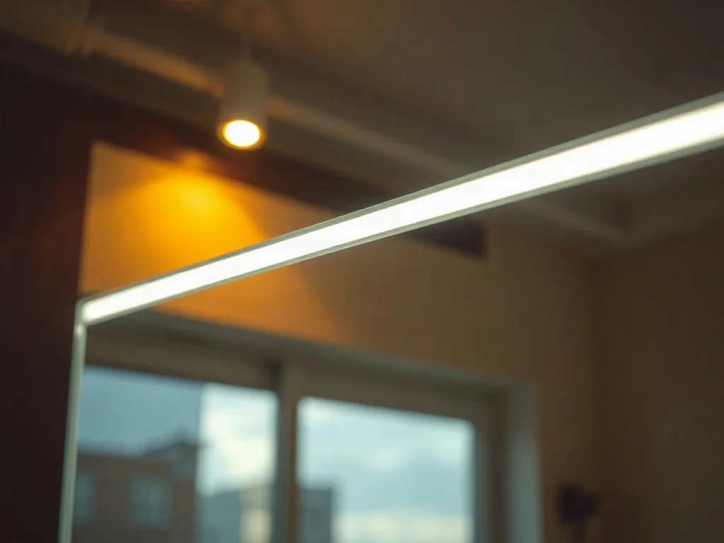 Nowoczesne lustro łazienkowe z wbudowanym oświetleniem LED i widocznym czujnikiem ruchu w minimalistycznym wnętrzu.